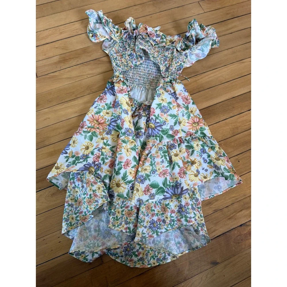 Moonsea blue‎ and yellow floral print high low dress back cut out youth